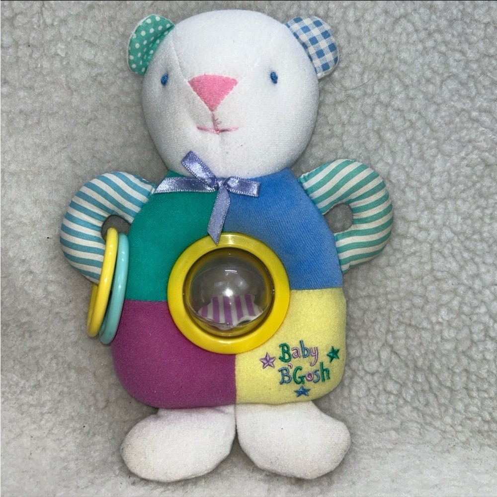 Baby BGosh teddy bear baby rattle 9" pastel multi color vintage